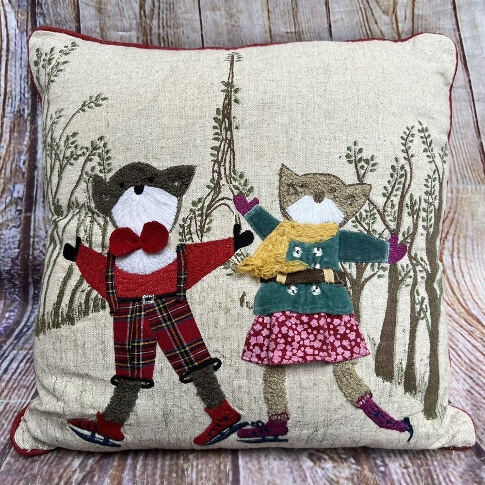 Throw Pillow Foxes Embroidered Trees Ice Skating Winter Holiday Forest Whimsy - Picture 1 of 6